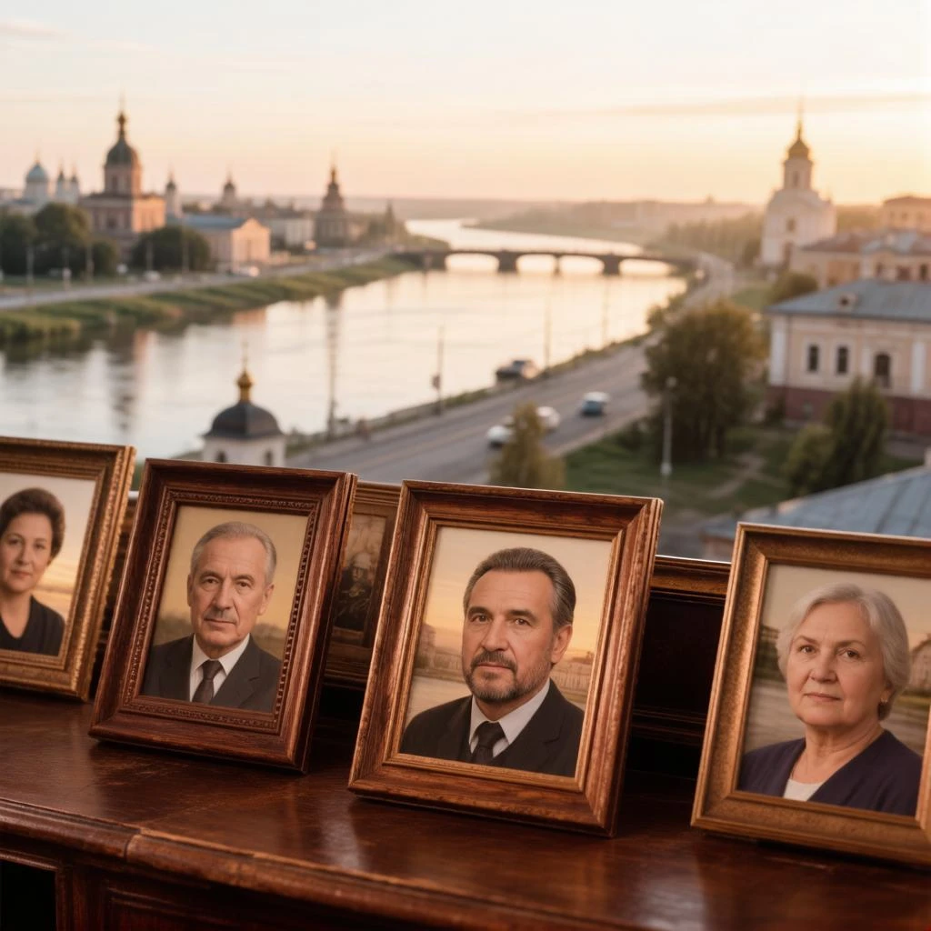 Портреты наставников на фоне города у реки